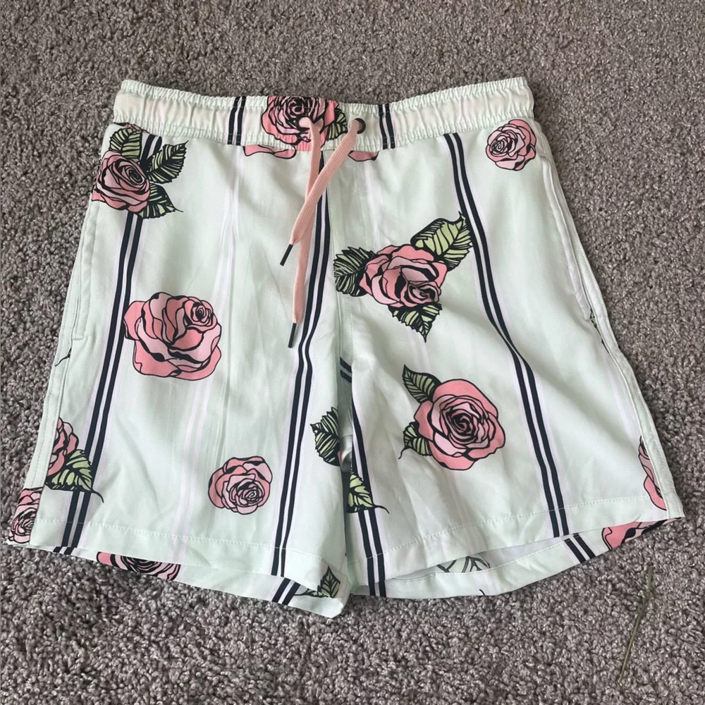 Men’s Surf Society Swim Trunks Shorts Mint‎ Pink Roses Stripes Size S